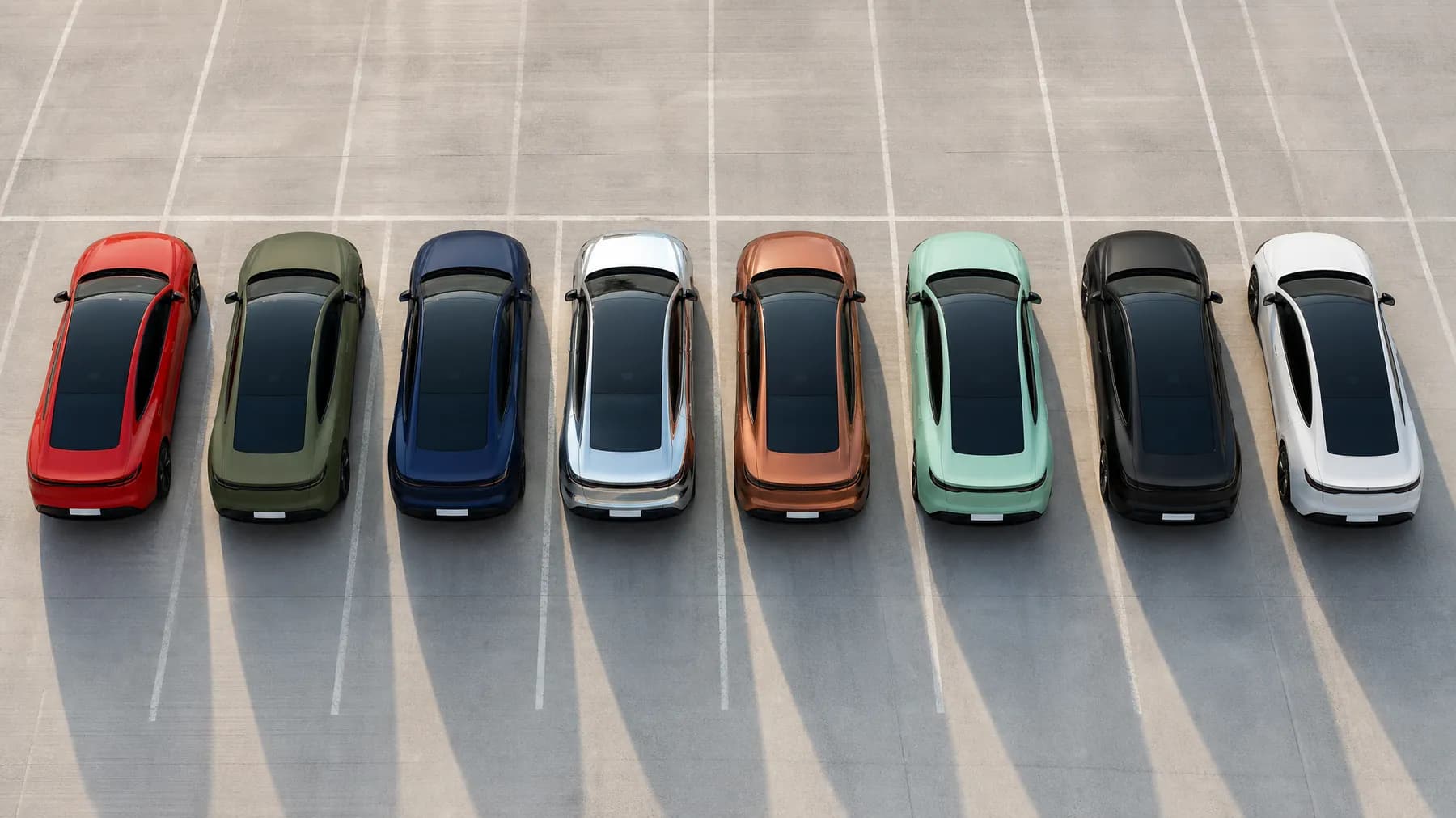 Aerial row of cars in eight wrap colours