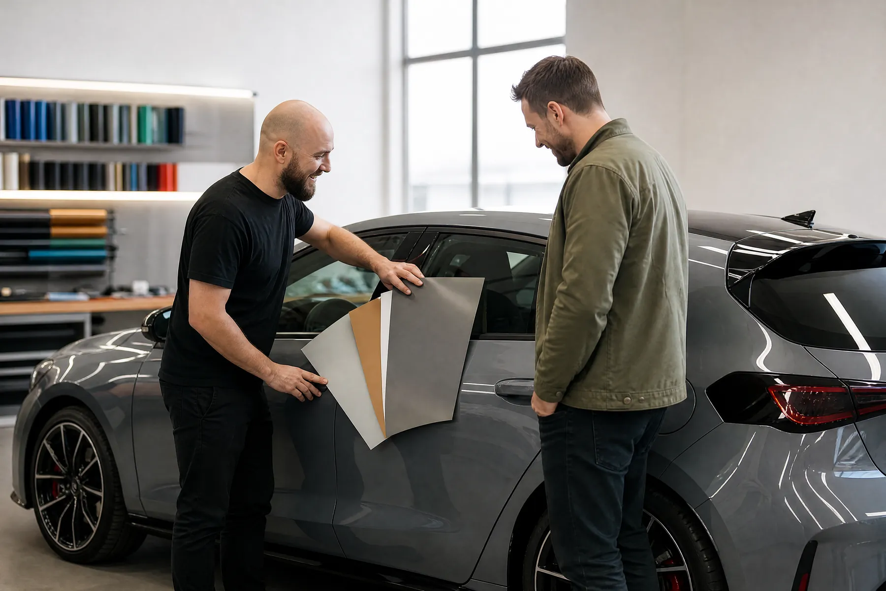 An installer and a car owner comparing film samples beside a car