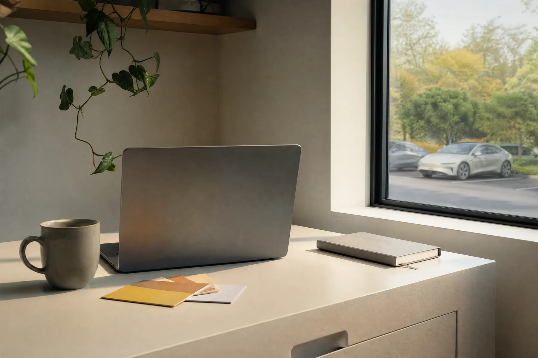 A tidy desk with colour chips beside a window