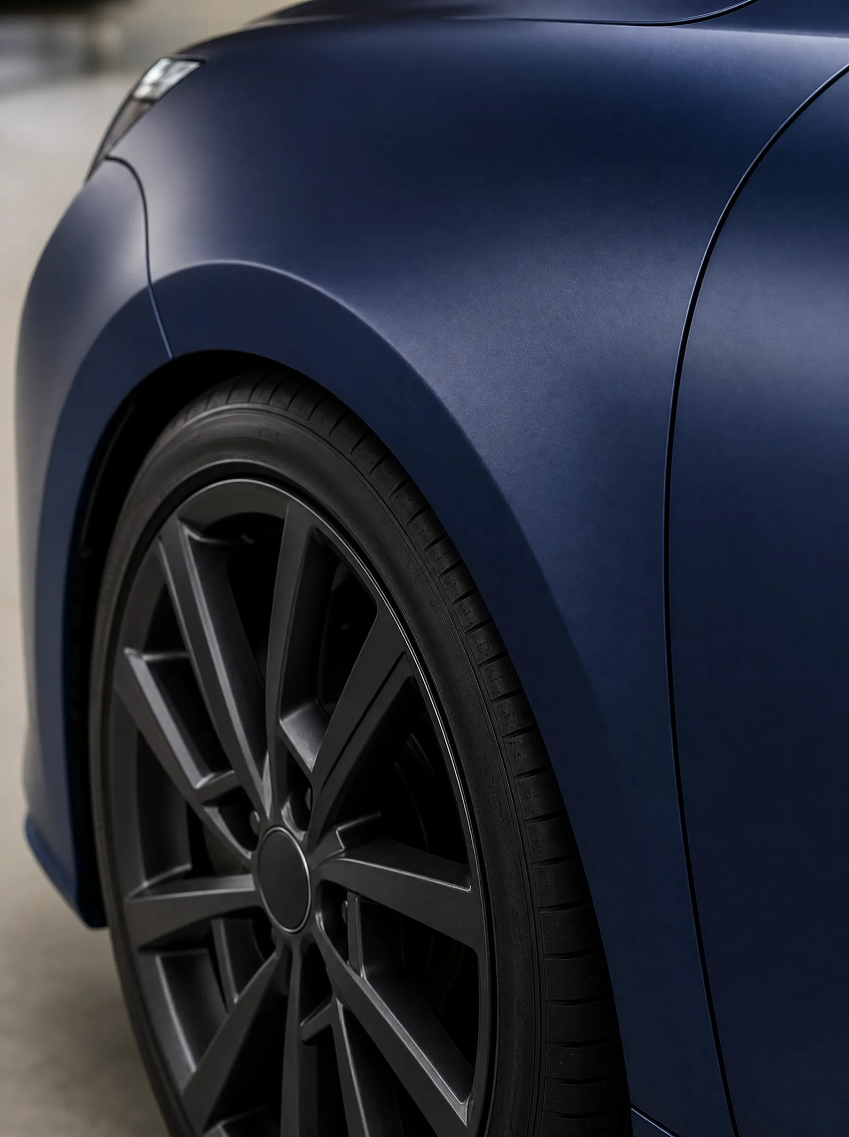 A wheel arch wrapped in satin midnight blue