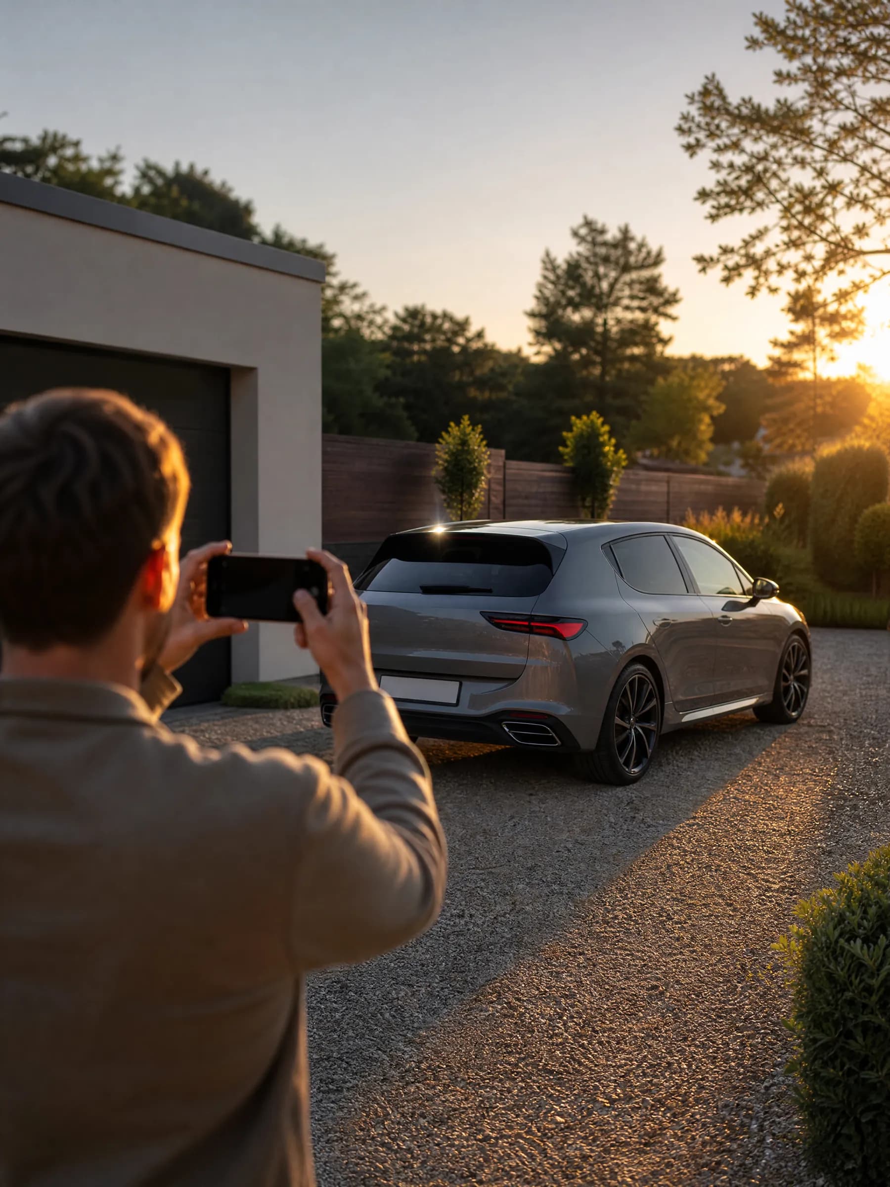 An owner photographing a hatchback at golden hour