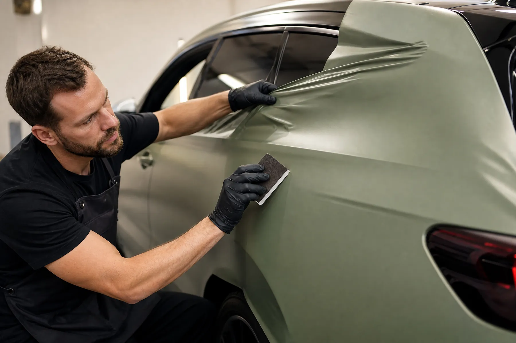 An installer smoothing sage green film onto a door
