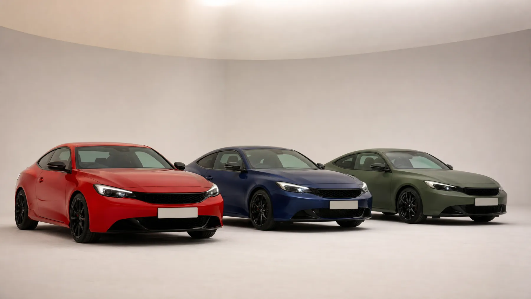Three coupes in vermilion, midnight blue and olive film in a studio